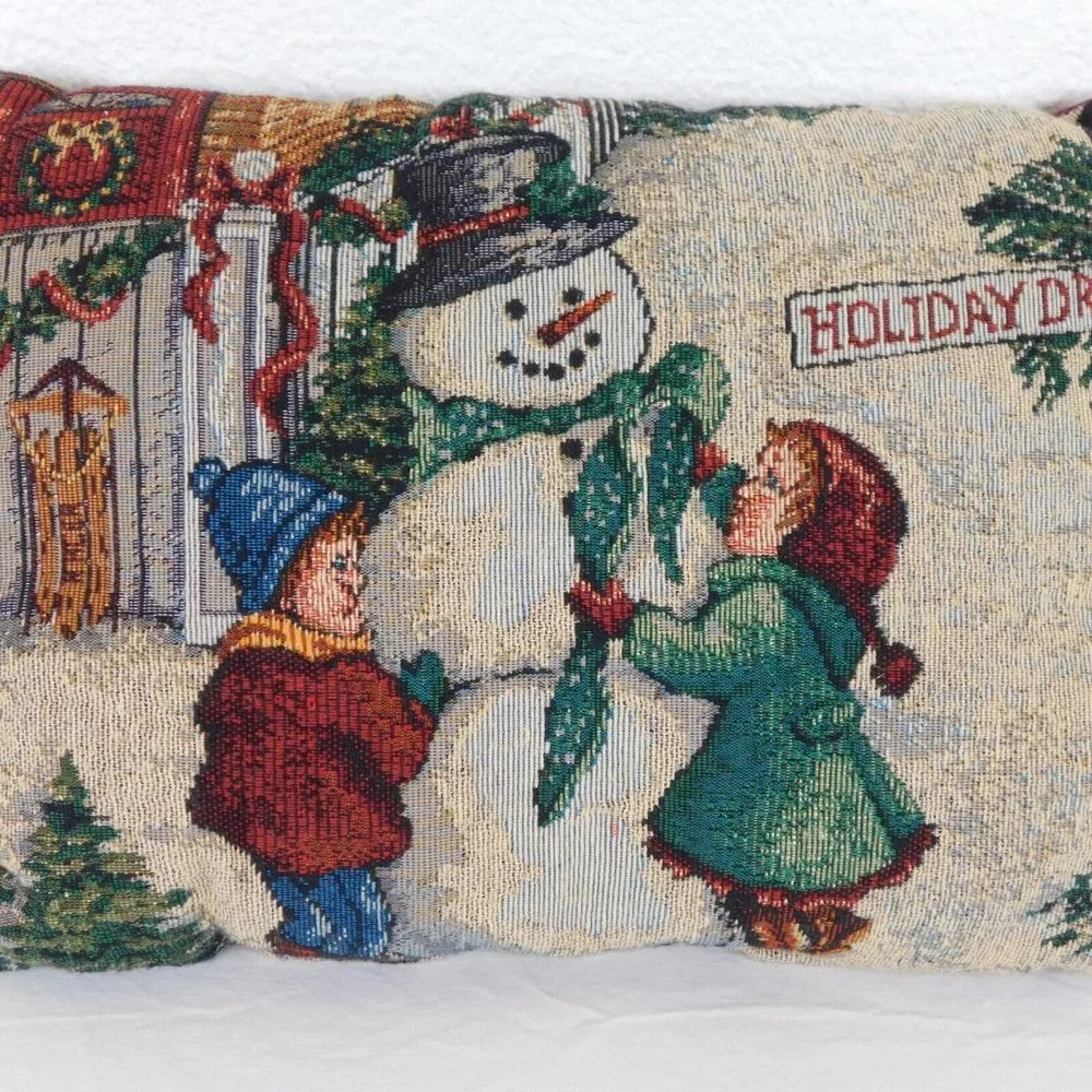 Christmas Tapestry Throw Pillow Snowman Kids Holiday Dr. Sled 15.5x11.5 Burgundy